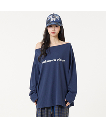 オフショルダー ロゴ ロングスリーブ Tシャツ ネイビー