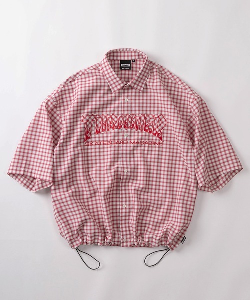 THRASHER(スラッシャー)の「【70】【THRASHER/スラッシャー】アップリケロゴ ミニチェック レギュラーカラーシャツ ドローコード付(シャツ/ブラウス・レディース・ブラック/レッド/サックスブルー・M/L/XL)」の3枚目の写真