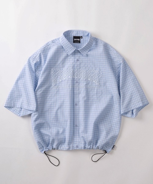 THRASHER(スラッシャー)の「【70】【THRASHER/スラッシャー】アップリケロゴ ミニチェック レギュラーカラーシャツ ドローコード付(シャツ/ブラウス・レディース・ブラック/レッド/サックスブルー・M/L/XL)」の2枚目の写真