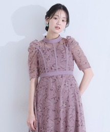ノーブルレースフレアワンピース ミモレ丈&袖ありフォーマルセレモニー結婚式二次会パーティードレスオケージョンドレス お呼ばれ同窓会成人式