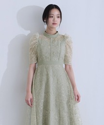 ノーブルレースフレアワンピース ミモレ丈&袖ありフォーマルセレモニー結婚式二次会パーティードレスオケージョンドレス お呼ばれ同窓会成人式