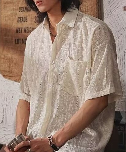 KELVIN(ケルヴァン)の「Eyelet Stripe Short Sleeve Shirt アイレットストライプ 半袖シャツ(シャツ/ブラウス・メンズ・ホワイト・MEDIUM/LARGE)」の1枚目の写真