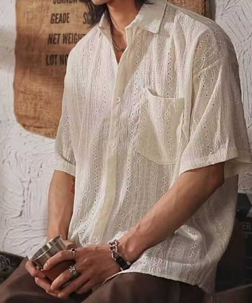 KELVIN(ケルヴァン)の「Eyelet Stripe Short Sleeve Shirt アイレットストライプ 半袖シャツ(シャツ/ブラウス・メンズ・ホワイト・MEDIUM/LARGE)」の3枚目の写真