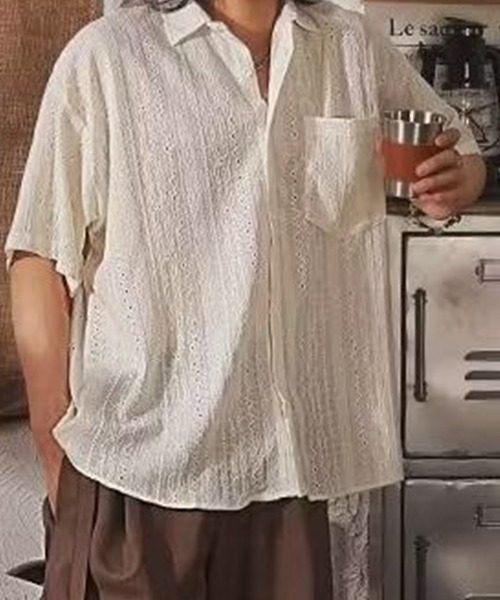 KELVIN(ケルヴァン)の「Eyelet Stripe Short Sleeve Shirt アイレットストライプ 半袖シャツ(シャツ/ブラウス・メンズ・ホワイト・MEDIUM/LARGE)」の4枚目の写真