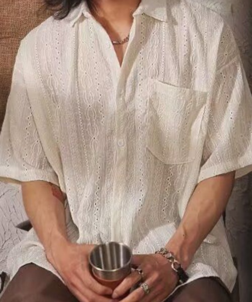 KELVIN(ケルヴァン)の「Eyelet Stripe Short Sleeve Shirt アイレットストライプ 半袖シャツ(シャツ/ブラウス・メンズ・ホワイト・MEDIUM/LARGE)」の5枚目の写真