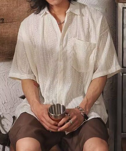 KELVIN(ケルヴァン)の「Eyelet Stripe Short Sleeve Shirt アイレットストライプ 半袖シャツ(シャツ/ブラウス・メンズ・ホワイト・MEDIUM/LARGE)」の6枚目の写真