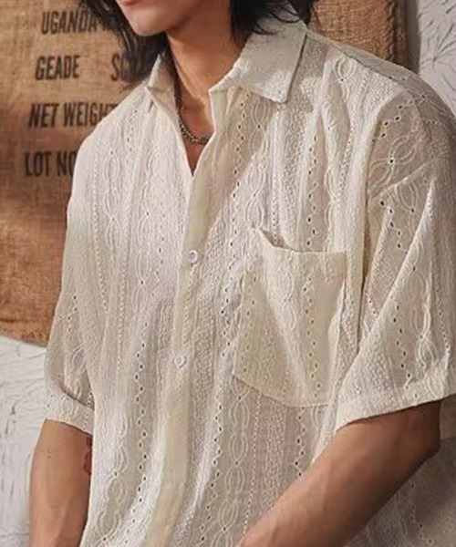 KELVIN(ケルヴァン)の「Eyelet Stripe Short Sleeve Shirt アイレットストライプ 半袖シャツ(シャツ/ブラウス・メンズ・ホワイト・MEDIUM/LARGE)」の7枚目の写真