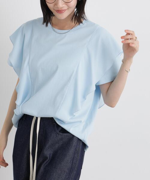 NANO universe(ナノユニバース)の「ラッフル異素材コンビカットトップス接触冷感&UVカット機能付(Tシャツ/カットソー・レディース・ブルー/ブラック/ホワイト・FREE)」の3枚目の写真