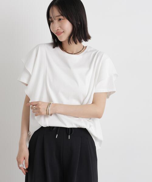 NANO universe(ナノユニバース)の「ラッフル異素材コンビカットトップス接触冷感&UVカット機能付(Tシャツ/カットソー・レディース・ブルー/ブラック/ホワイト・FREE)」の5枚目の写真