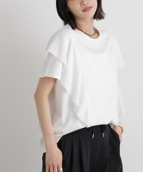 NANO universe(ナノユニバース)の「ラッフル異素材コンビカットトップス接触冷感&UVカット機能付(Tシャツ/カットソー・レディース・ブルー/ブラック/ホワイト・FREE)」の6枚目の写真