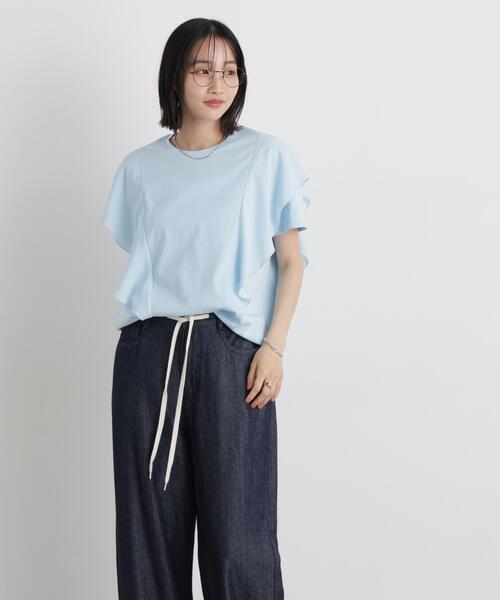 NANO universe(ナノユニバース)の「ラッフル異素材コンビカットトップス接触冷感&UVカット機能付(Tシャツ/カットソー・レディース・ブルー/ブラック/ホワイト・FREE)」の18枚目の写真