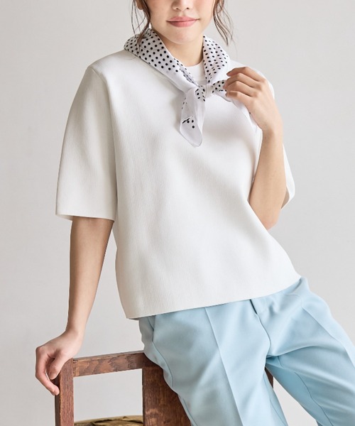 BIRTHDAY BASH(バースデイバッシュ)の「SATIN DOT SCARF COMBO SUMMER KNIT TOPS(Tシャツ/カットソー・レディース・ホワイト/ブラック・FREE)」の2枚目の写真