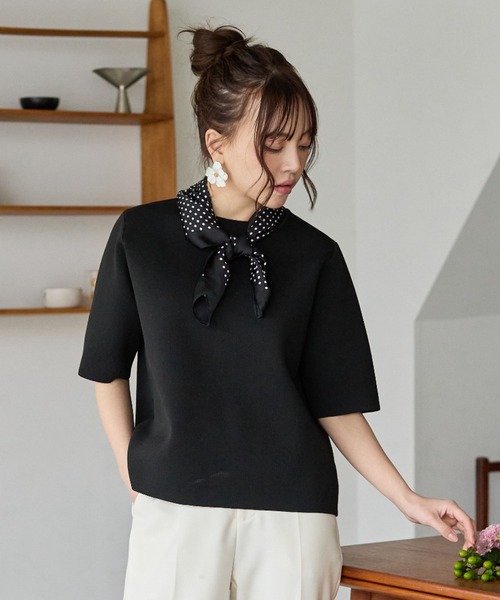 BIRTHDAY BASH(バースデイバッシュ)の「SATIN DOT SCARF COMBO SUMMER KNIT TOPS(Tシャツ/カットソー・レディース・ホワイト/ブラック・FREE)」の1枚目の写真