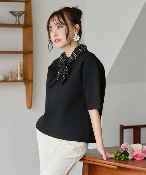 BIRTHDAY BASH(バースデイバッシュ)の「SATIN DOT SCARF COMBO SUMMER KNIT TOPS(Tシャツ/カットソー・レディース・ホワイト/ブラック・FREE)」の4枚目の写真