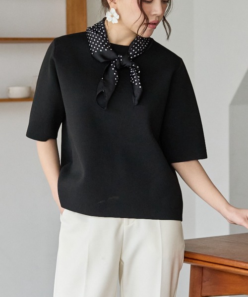 BIRTHDAY BASH(バースデイバッシュ)の「SATIN DOT SCARF COMBO SUMMER KNIT TOPS(Tシャツ/カットソー・レディース・ホワイト/ブラック・FREE)」の9枚目の写真