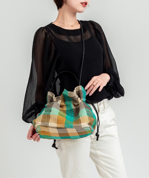 TARANGO(タランゴ)の「【TARANGO】麻ジュート×本革バッグ 巾着バッグ ハンドバッグ チェック柄(かごバッグ・レディース・グリーン系その他/ブラック×ホワイト/イエロー系その他/ピンク系その他・FREE)」の18枚目の写真