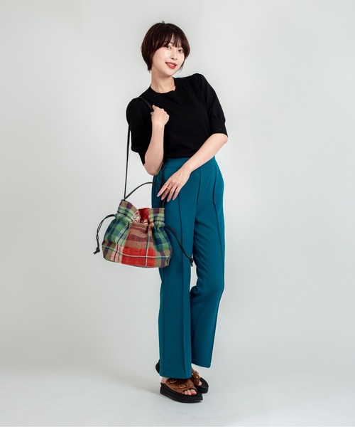 TARANGO(タランゴ)の「【TARANGO】麻ジュート×本革バッグ 巾着バッグ ハンドバッグ チェック柄(かごバッグ・レディース・グリーン系その他/ブラック×ホワイト/イエロー系その他/ピンク系その他・FREE)」の8枚目の写真