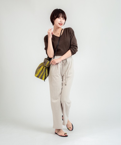 TARANGO(タランゴ)の「【TARANGO】麻ジュート×本革バッグ 巾着バッグ ハンドバッグ チェック柄(かごバッグ・レディース・グリーン系その他/ブラック×ホワイト/イエロー系その他/ピンク系その他・FREE)」の12枚目の写真