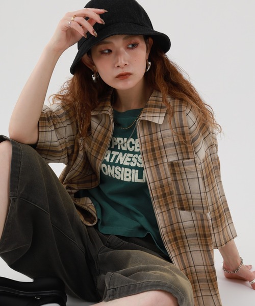 FUNALIVE（ファンアライブ）の「MANYMENMANYMINDS / シアーコットンチェック/ZIPシャツ 半端袖（シャツ/ブラウス・メンズ・ブラック/グリーン/ベージュ・L/M）」の9枚目の写真