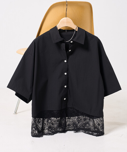 FREAK'S STORE(フリークスストア)の「レースレイヤード シャツ(シャツ/ブラウス・レディース・ブラック/オフホワイト/サックスブルー・フリ-)」の1枚目の写真