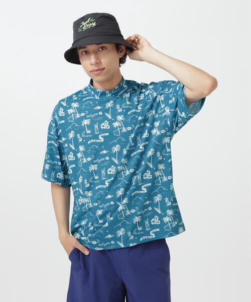 Jack Bunny!!（ジャックバニー）の「【Jack Bunny!!】PEメッシュアロハ柄プリント半袖モックネックカットソー（Tシャツ/カットソー・メンズ・ブルー/オレンジ・LARGE/X-LARGE/MEDIUM）」の4枚目の写真