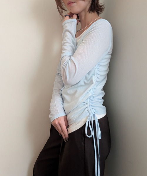 styiro(スタイロ)の「重ね着風シアーレイヤードリボンギャザーカットソーロンT 秋服 大人カジュアル(Tシャツ/カットソー・レディース・ホワイト/サックスブルー・M)」の17枚目の写真