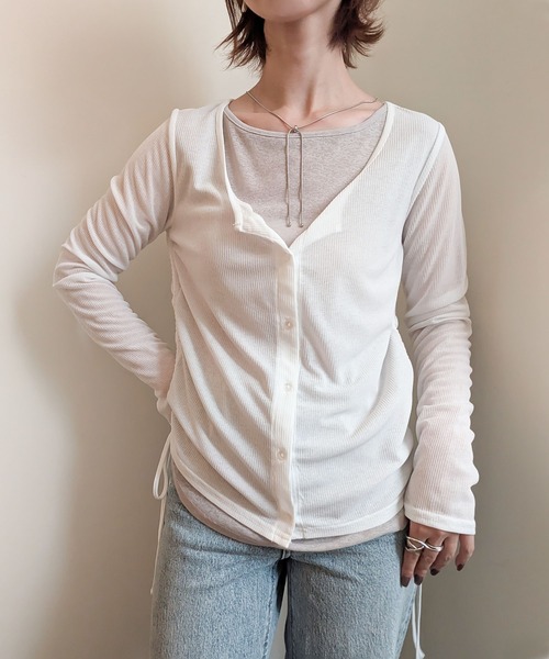 styiro(スタイロ)の「重ね着風シアーレイヤードリボンギャザーカットソーロンT 秋服 大人カジュアル(Tシャツ/カットソー・レディース・ホワイト/サックスブルー・M)」の14枚目の写真