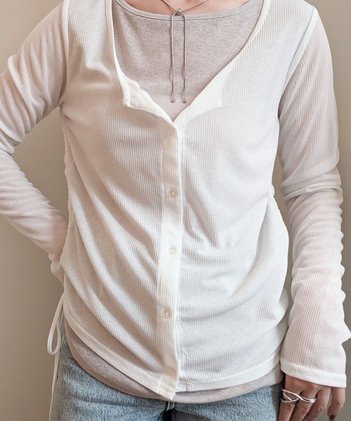 styiro(スタイロ)の「重ね着風シアーレイヤードリボンギャザーカットソーロンT 秋服 大人カジュアル(Tシャツ/カットソー・レディース・ホワイト/サックスブルー・M)」の10枚目の写真