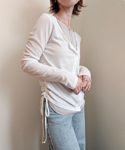 styiro(スタイロ)の「重ね着風シアーレイヤードリボンギャザーカットソーロンT 秋服 大人カジュアル(Tシャツ/カットソー・レディース・ホワイト/サックスブルー・M)」の7枚目の写真