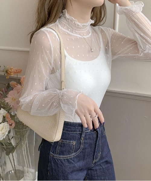 maison de LATIR（メゾンドラティール）の「大人の透け感。シアードットメロウインナー / レース長袖カットソー（Tシャツ/カットソー・レディース・ピンク系2/ブラック系1/ピンク系1/ブラック系2/ホワイト系2/ホワイト系1・FREE）」の8枚目の写真