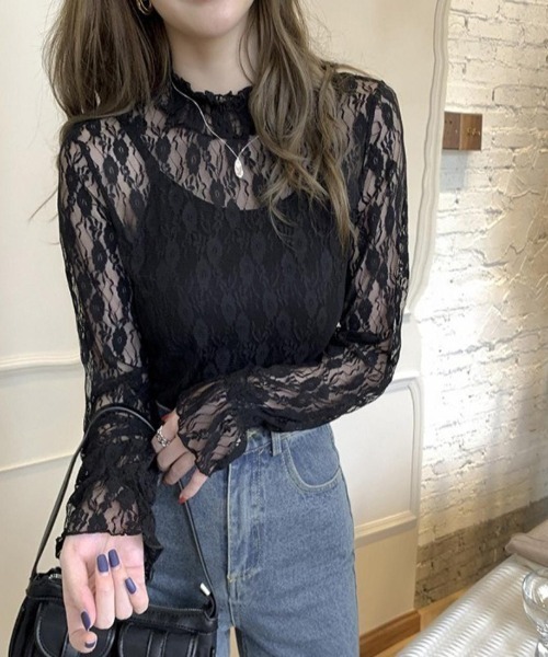 maison de LATIR（メゾンドラティール）の「大人の透け感。シアードットメロウインナー / レース長袖カットソー（Tシャツ/カットソー・レディース・ピンク系2/ブラック系1/ピンク系1/ブラック系2/ホワイト系2/ホワイト系1・FREE）」の16枚目の写真