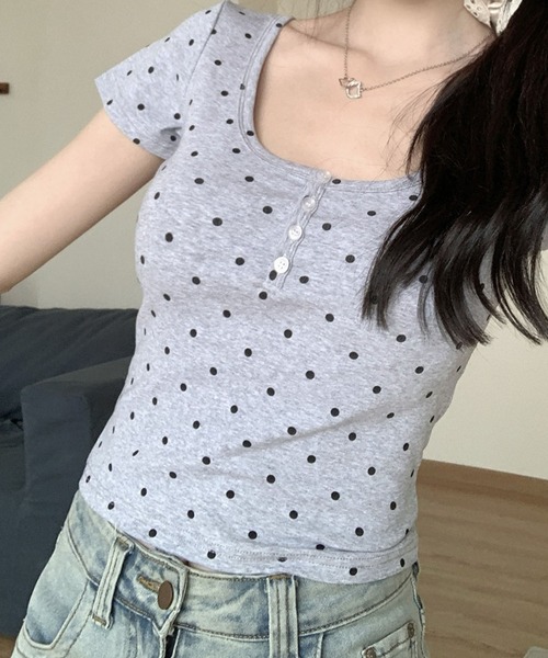 meJane(ミージェーン)の「ヘンリーラウンドネック ドットTシャツ(Tシャツ/カットソー・レディース・グレー/ホワイト・FREE)」の12枚目の写真
