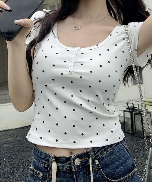 meJane(ミージェーン)の「ヘンリーラウンドネック ドットTシャツ(Tシャツ/カットソー・レディース・グレー/ホワイト・FREE)」の4枚目の写真