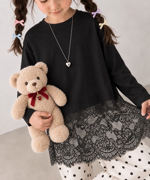 classicalelf(クラシカルエルフ)の「【キッズ】親子お揃いOK♪さらっと今っぽくなる 裾レースドッキングTシャツ(長袖)(Tシャツ/カットソー・キッズ・オフホワイト/ブラック/チャコール・140/160/120/100)」の2枚目の写真