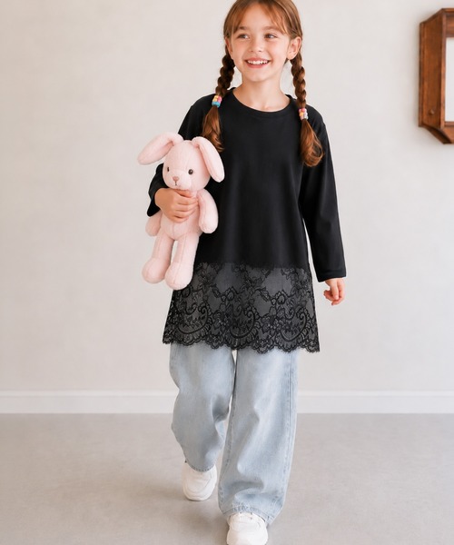 classicalelf(クラシカルエルフ)の「【キッズ】親子お揃いOK♪さらっと今っぽくなる 裾レースドッキングTシャツ(長袖)(Tシャツ/カットソー・キッズ・オフホワイト/ブラック/チャコール・140/160/120/100)」の8枚目の写真