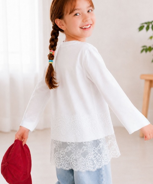 classicalelf(クラシカルエルフ)の「【キッズ】親子お揃いOK♪さらっと今っぽくなる 裾レースドッキングTシャツ(長袖)(Tシャツ/カットソー・キッズ・オフホワイト/ブラック/チャコール・140/160/120/100)」の5枚目の写真