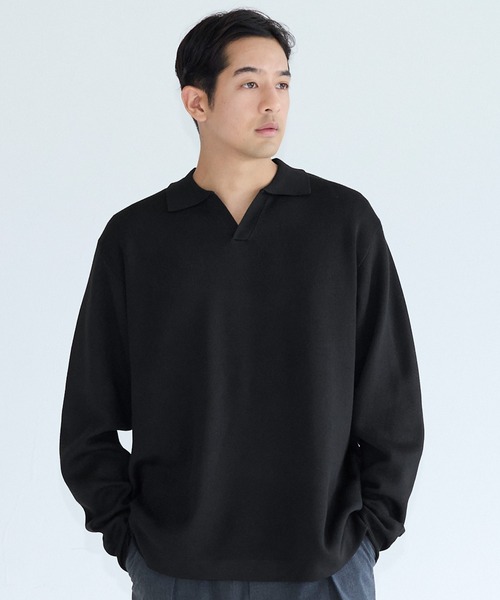 coca(coca)(コカ)の「ダブルジャガードスキッパー長袖ポロニット(ポロシャツ・メンズ・チャコール/ブラック・L/M/XL)」の1枚目の写真