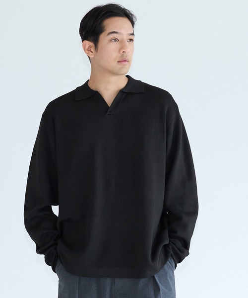 coca(coca)(コカ)の「ダブルジャガードスキッパー長袖ポロニット(ポロシャツ・メンズ・チャコール/ブラック・L/M/XL)」の4枚目の写真