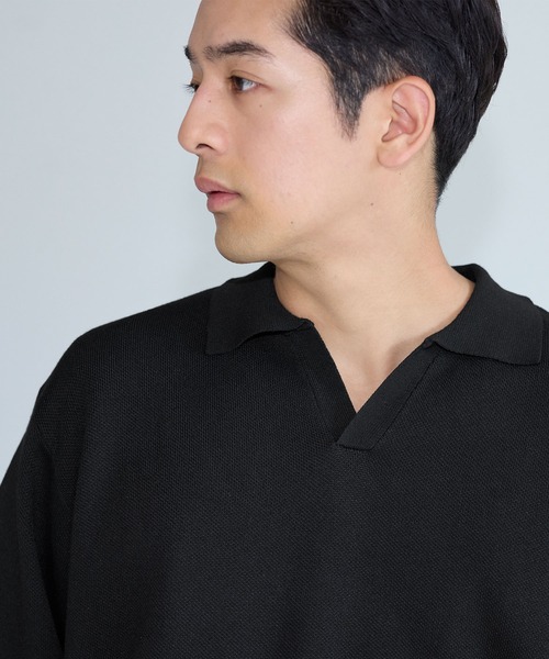 coca(coca)(コカ)の「ダブルジャガードスキッパー長袖ポロニット(ポロシャツ・メンズ・チャコール/ブラック・L/M/XL)」の7枚目の写真