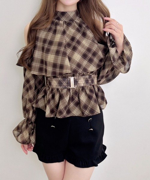 INGNI（イング）の「ベルト付チェック柄フリル肩あきブラウス（シャツ/ブラウス・レディース・ブラック系/ブラウン系その他2・M）」の14枚目の写真