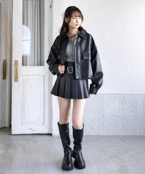 clear（クリア）の「ロゴプレート付きレザーショート丈ブルゾン（セット可）［骨格ナチュラル／ストリート／モード］（ブルゾン・レディース・ブラウン/グレー/ブラック・F）」の7枚目の写真