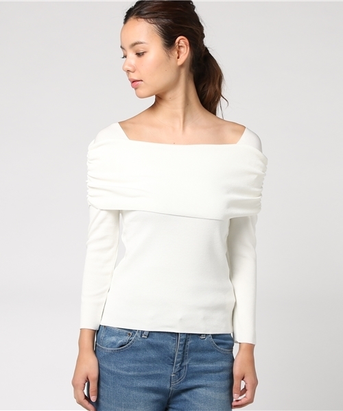 SWINGLE（スウィングル）の「ダブルオフショル風ニットプルオーバー◆（ニット/セーター・レディース・オフホワイト/ライトグレー/ラベンダー/ネイビー・SMALL）」の5枚目の写真