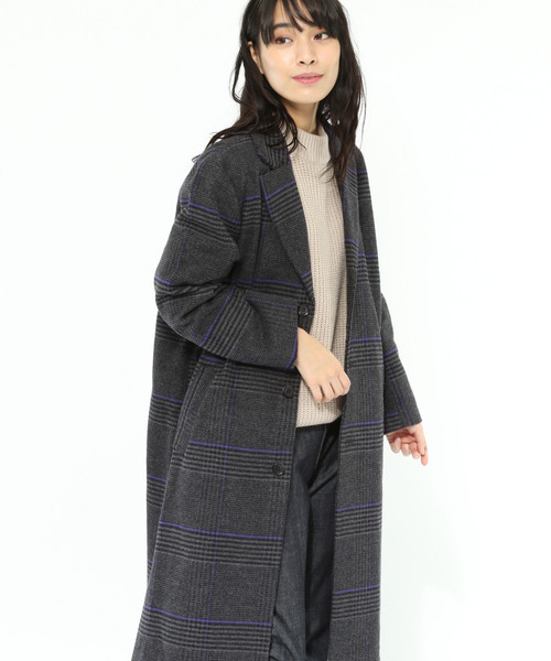新品 未使用 ウールリッチ サーモア チェック ロングコート 黒 グレー 白 紫 ウールカシミヤリバータータンチェック ノーカラーコート | maison