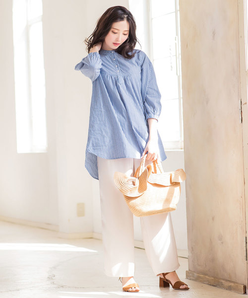 KOBE LETTUCE（コウベレタス）の「コットンレースオーバーサイズチュニックブラウス（シャツ/ブラウス・レディース・オフホワイト/ストライプ/ミント・FREE）」の13枚目の写真