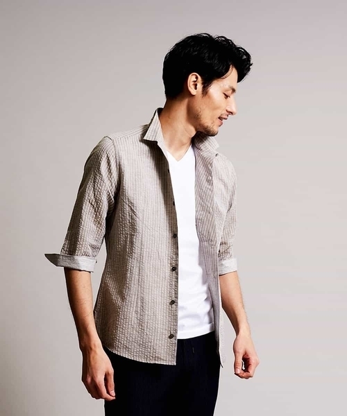 MICHEL KLEIN HOMME (ミッシェルクランオム)の「七分シャツ(ハードマンサッカー)(シャツ/ブラウス・メンズ・カーキ/ブルー/オレンジ系その他/ダークネイビー・46/48/51)」の16枚目の写真