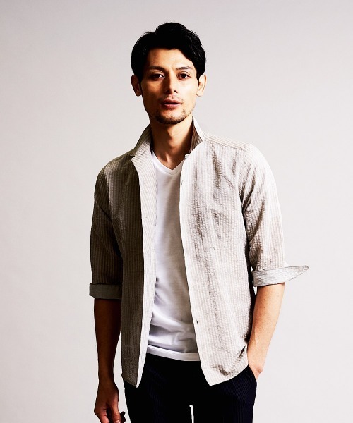 MICHEL KLEIN HOMME (ミッシェルクランオム)の「七分シャツ(ハードマンサッカー)(シャツ/ブラウス・メンズ・カーキ/ブルー/オレンジ系その他/ダークネイビー・46/48/51)」の2枚目の写真