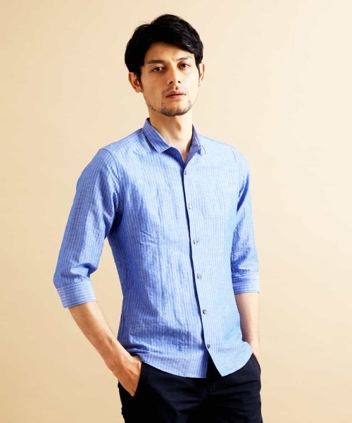 MICHEL KLEIN HOMME (ミッシェルクランオム)の「七分シャツ(ハードマンサッカー)(シャツ/ブラウス・メンズ・カーキ/ブルー/オレンジ系その他/ダークネイビー・46/48/51)」の3枚目の写真
