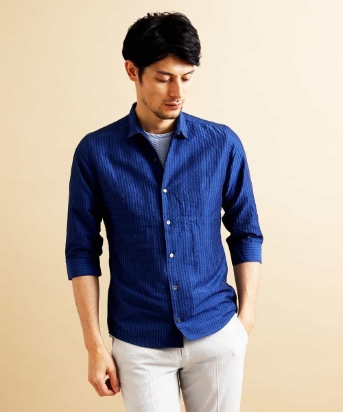 MICHEL KLEIN HOMME (ミッシェルクランオム)の「七分シャツ(ハードマンサッカー)(シャツ/ブラウス・メンズ・カーキ/ブルー/オレンジ系その他/ダークネイビー・46/48/51)」の4枚目の写真