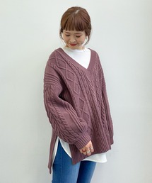 【WEB限定】好きな丈Vネックケーブルニット（ロング）＊