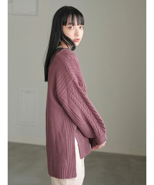 earth music&ecology（アースミュージックアンドエコロジー）の「【WEB限定】好きな丈Vネックケーブルニット（ロング）＊（ニット/セーター・レディース・ダークパープル/モカ/その他6/グレイッシュベージュ・FREE）」の11枚目の写真